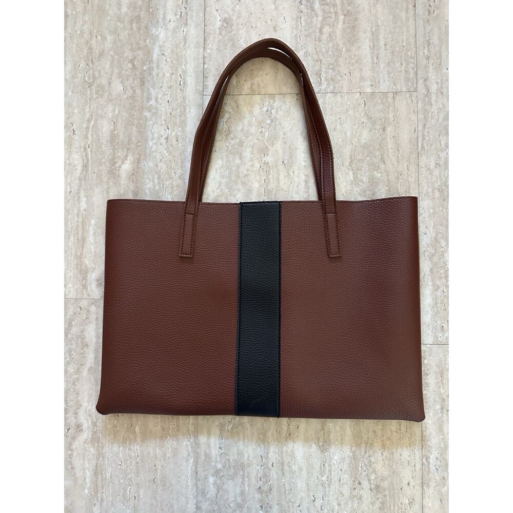 Vince Camuto Women's Tote Bag Vegan Leather Pebbled Brown With A Black Stripe